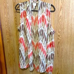 Chico’s Sleeveless Cardigan. Sheer, shimmery gold red & tan. Great condition sz3